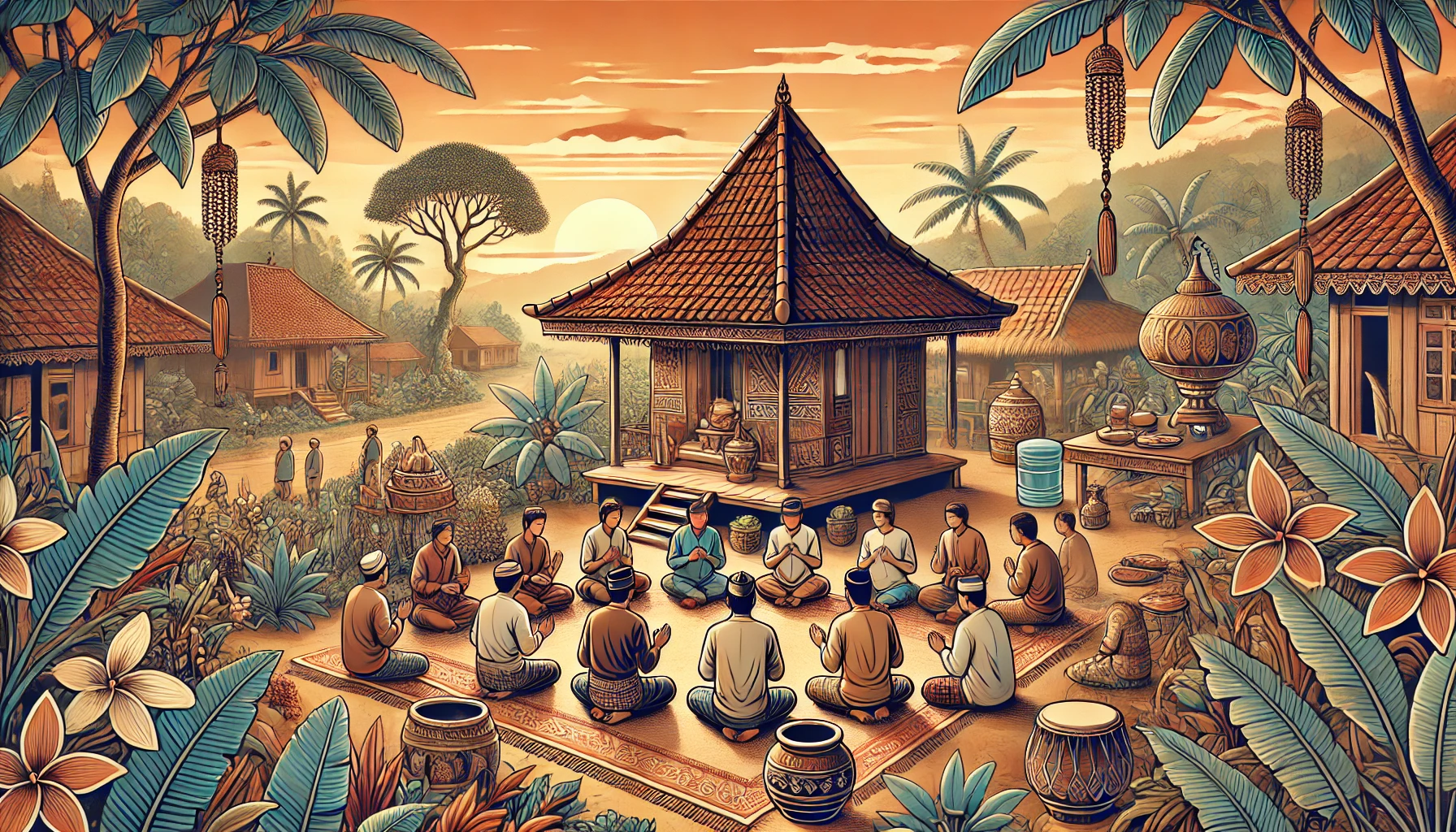 DALL·E 2025-02-09 22.42.00 – A horizontal illustration depicting a traditional Javanese community gathering for the Rebo Wekasan ritual. The scene includes people praying in a mod