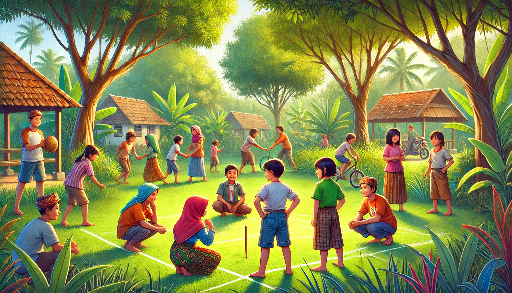 DALL·E 2025-02-09 22.48.54 – A lively outdoor scene showcasing children playing a traditional game called tam-tambuku in a spacious, grassy field. The field is surrounded by trees