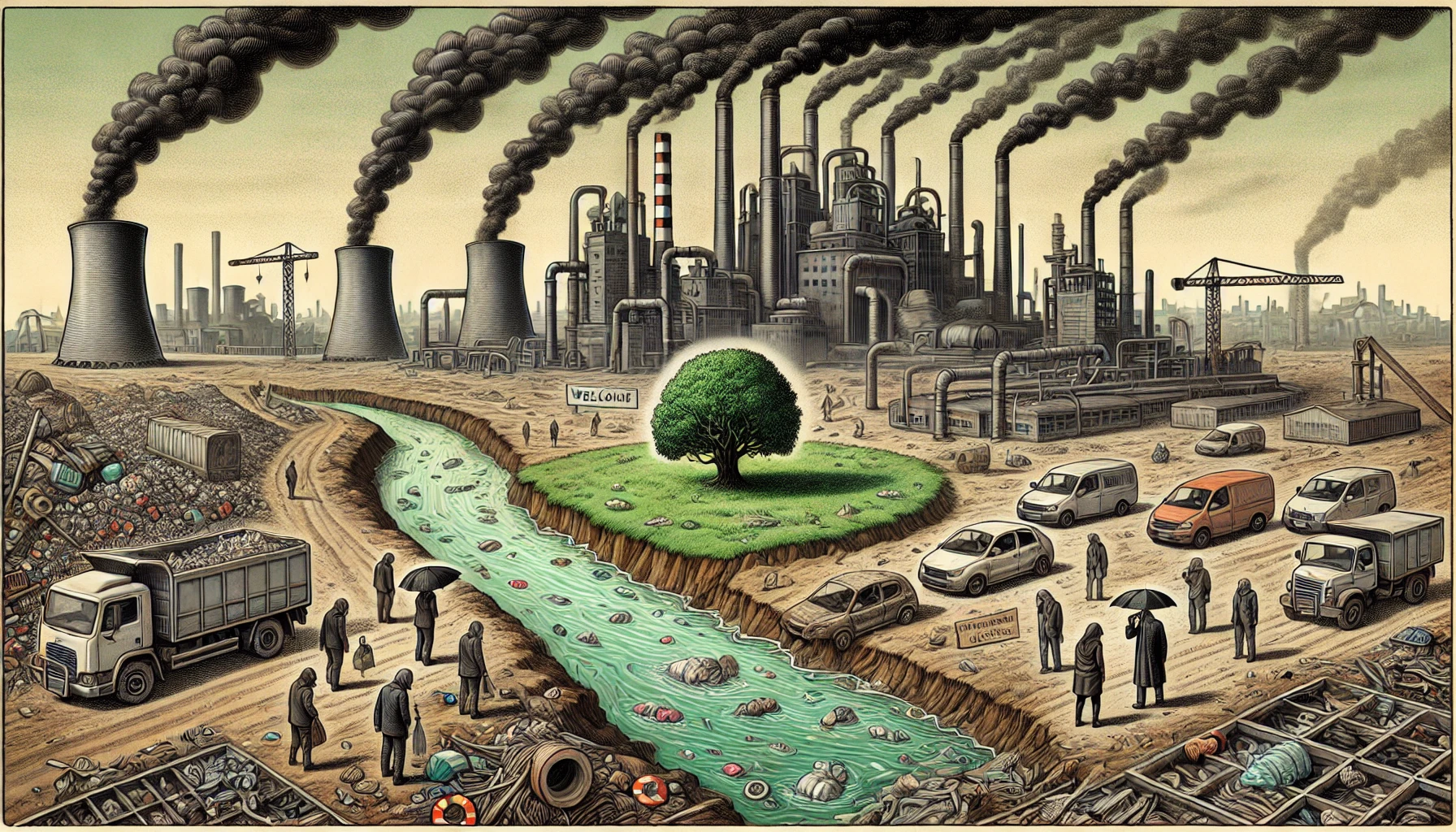 DALL·E 2025-02-09 22.59.32 – A satirical illustration of an industrial city representing environmental degradation in a humorous and critical way. The scene shows a skyline domina